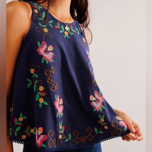Free People Fun and Flirty Embroidered Sleeveless Top - navy - Picture 2 of 5